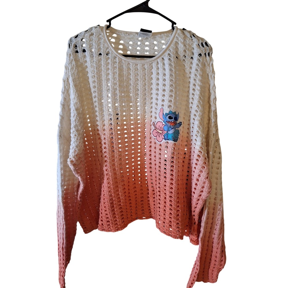 Disney Lilo Stitch Open Knit Crochet Pink Ombre Oversized Coverup Sweater XXL